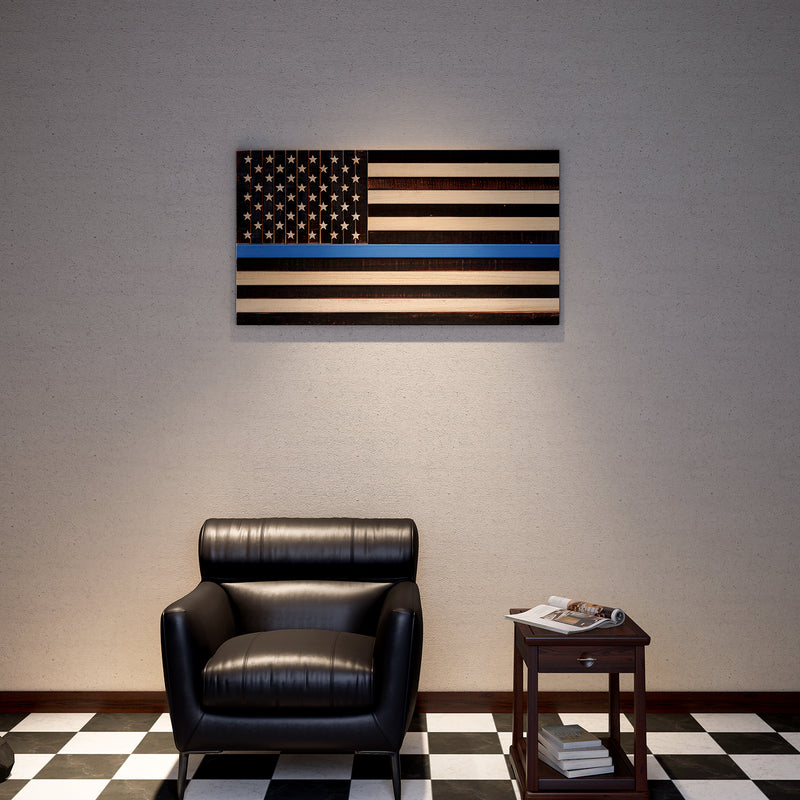 Solid Wood American Flag - Thin Blue Line