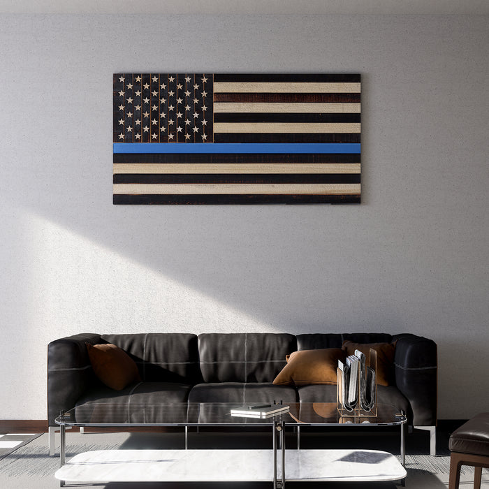 Solid Wood American Flag - Thin Blue Line